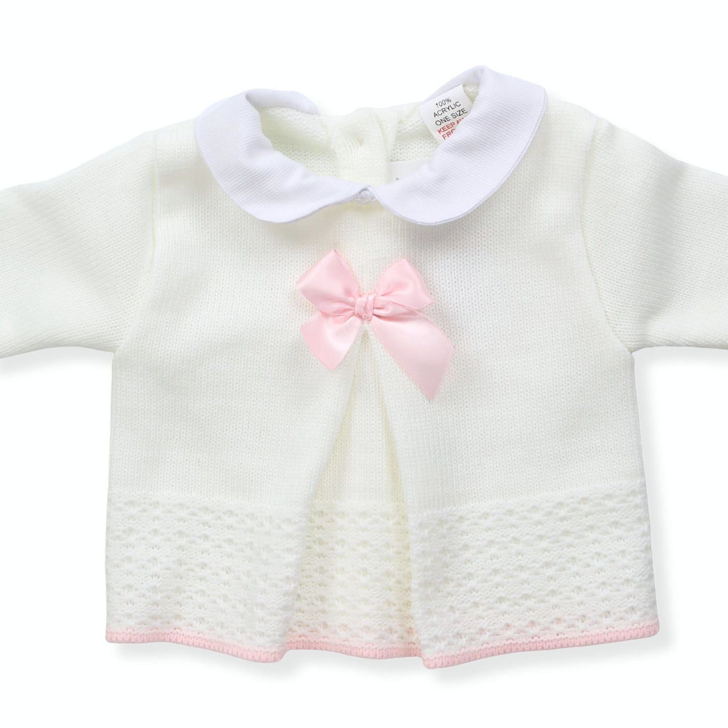 Newborn Baby Knitted Outfit with Bonnet – White & Pink Bow (0–3 Months) Made in Portugal