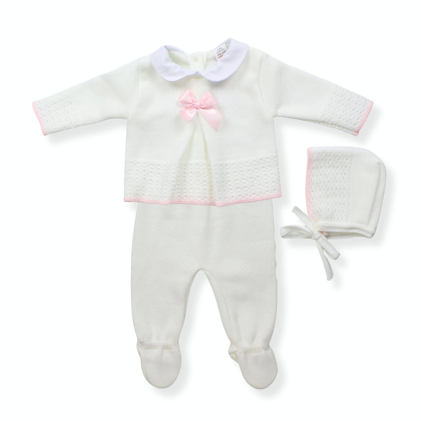 Newborn Baby Knitted Outfit with Bonnet – White & Pink Bow (0–3 Months) Made in Portugal