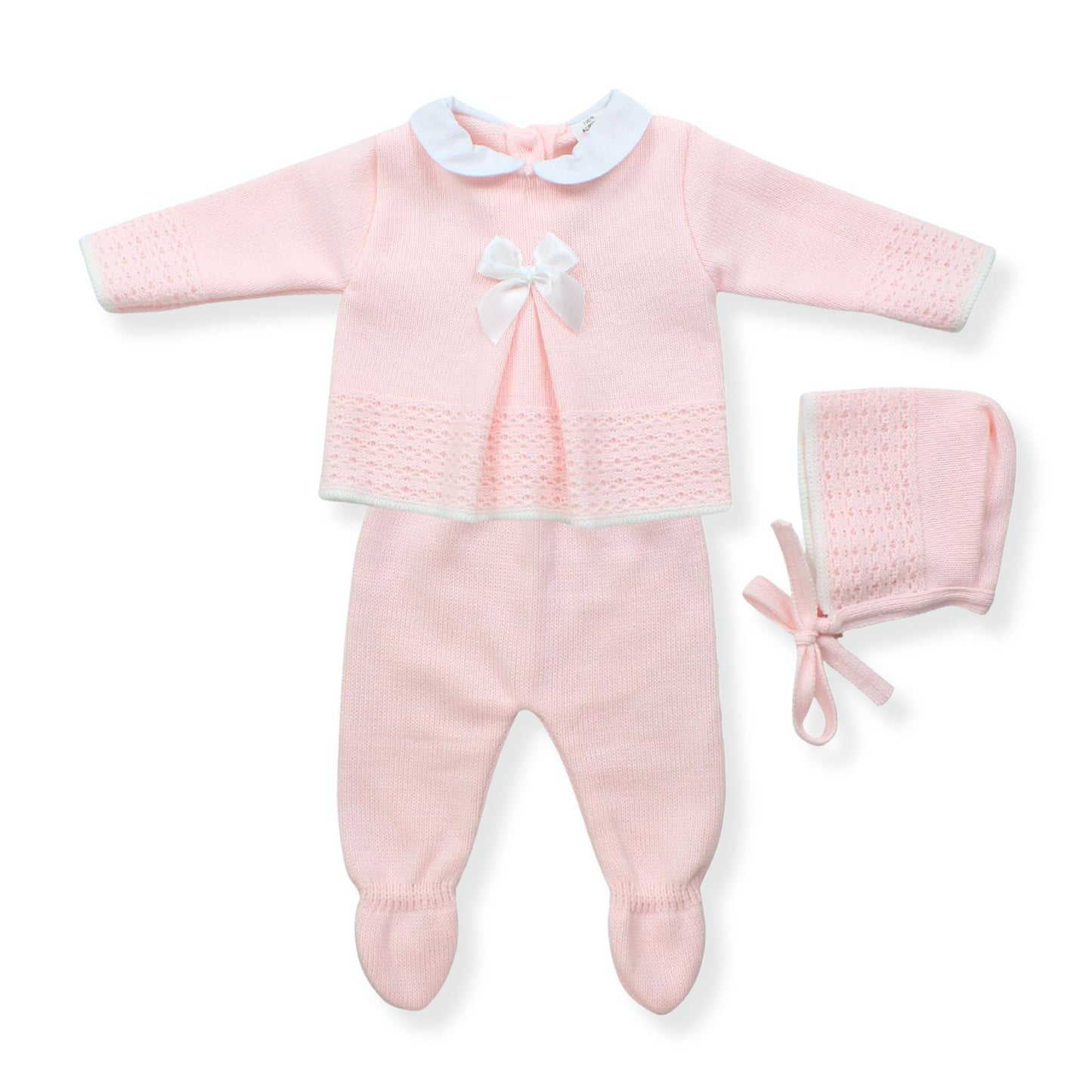 Newborn Baby Knitted Outfit with Bonnet – Soft Pink Bow (0–3 Months) Made in Portugal