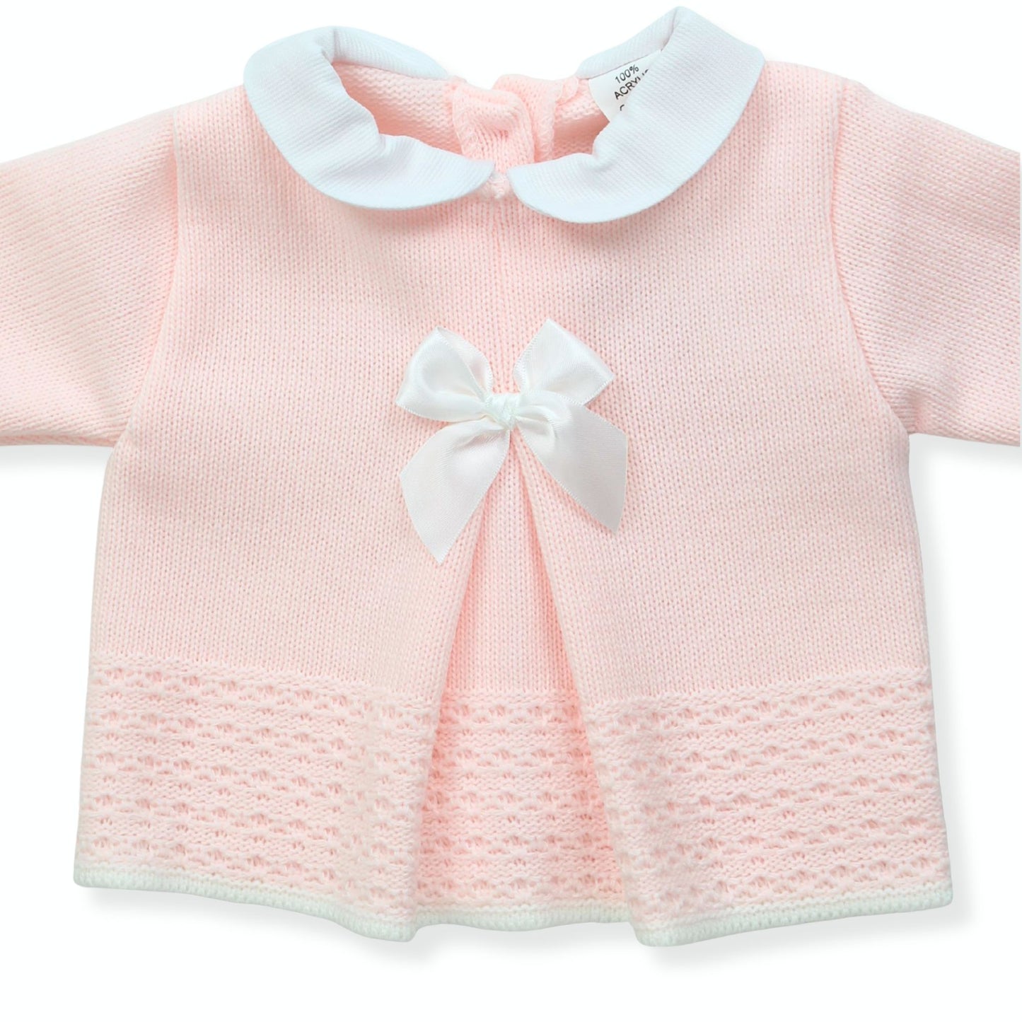 Newborn Baby Knitted Outfit with Bonnet – Soft Pink Bow (0–3 Months) Made in Portugal