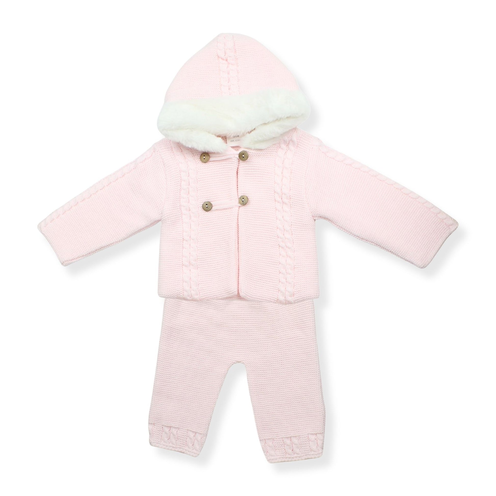 Pink baby snowsuit with hood on a white background