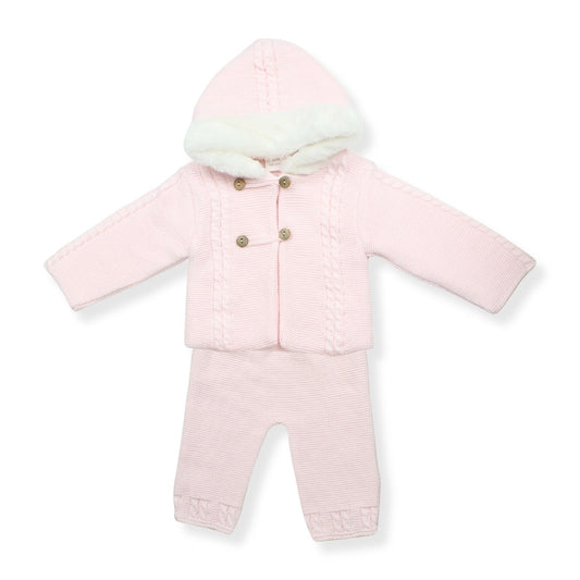 Pink baby snowsuit with hood on a white background
