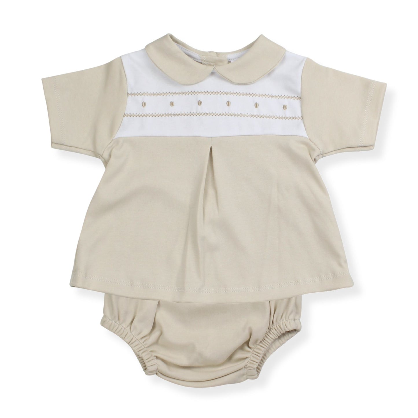 Beige baby outfit with white collar and matching bloomers on a white background