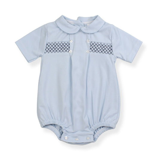 Baby Boys Blue Smocked Romper with Peter Pan Collar