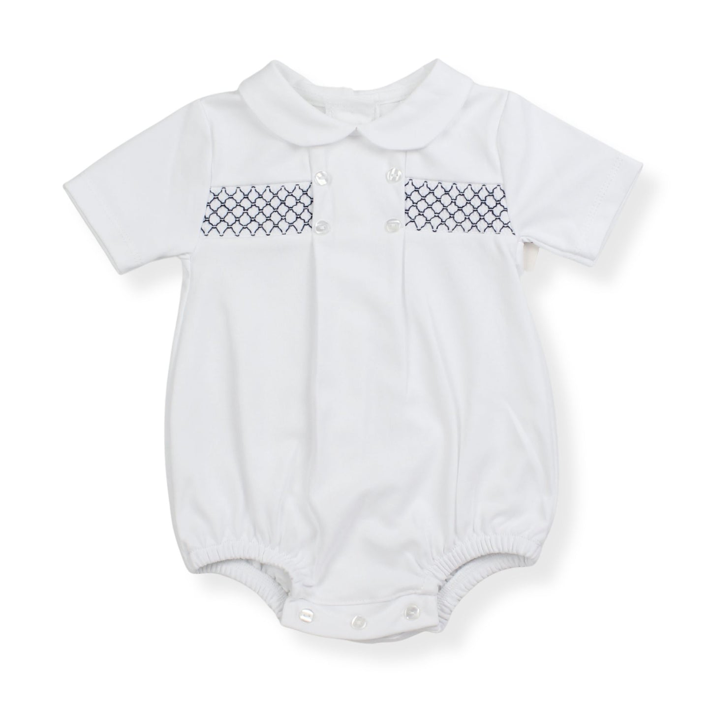 Baby Boys White Smocked Romper with Peter Pan Collar