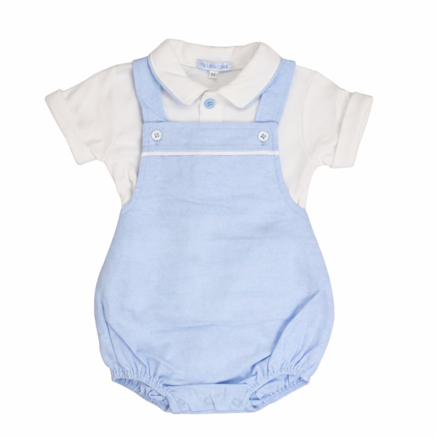 Baby romper with light blue overalls and white shirt on a white background