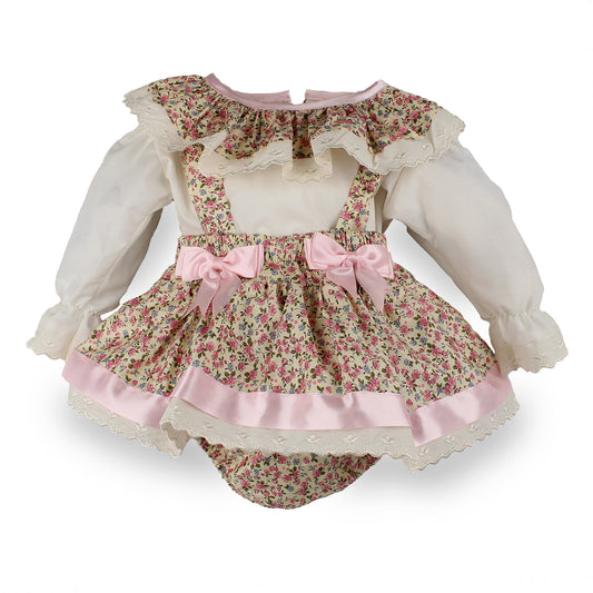 Baby girls floral blouse and pinafore skirt two piece outfit with pink satin bows