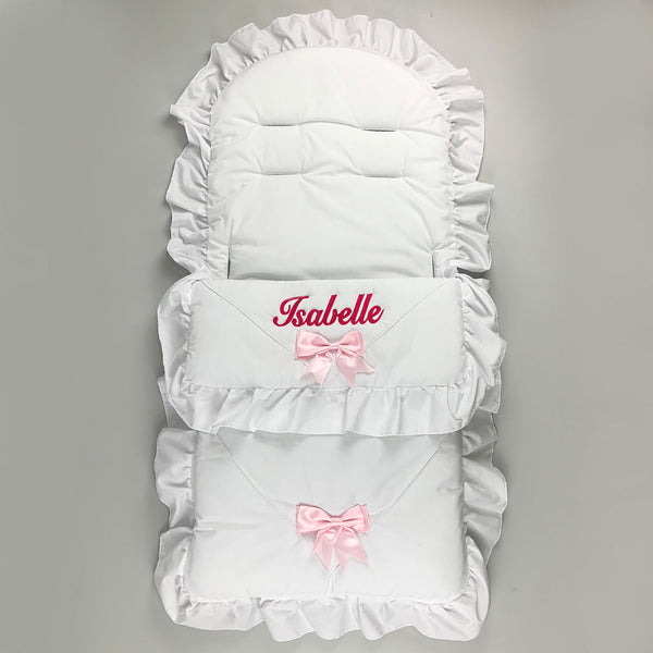 Personalised Cosy Toes / Footmuff Two Bow - Universal  White / Pink