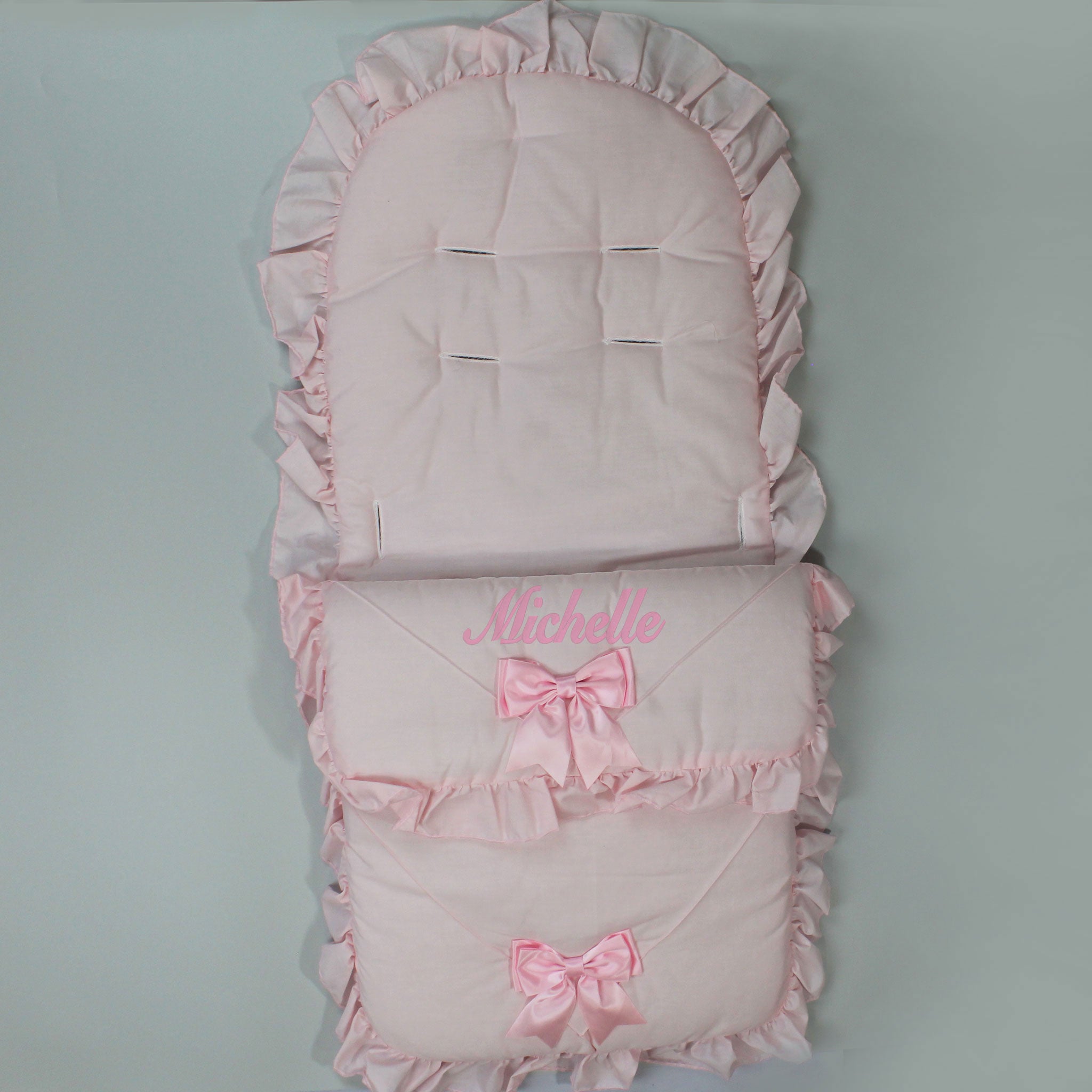 Personalised Padded Pink Footmuff with Pink Two Bow UK Made Lullaby Lane Baby Shop