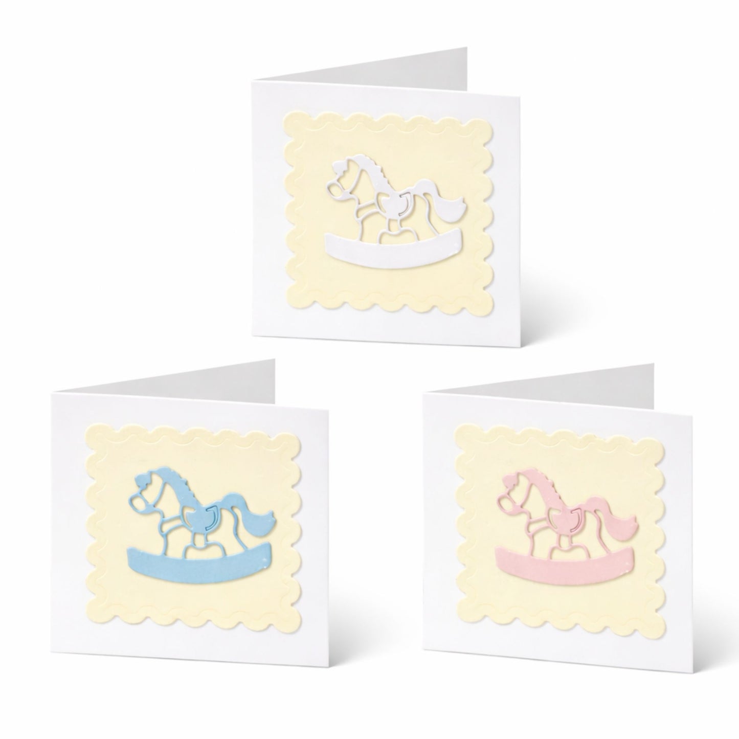 Three greeting cards with rocking horse designs on a white background