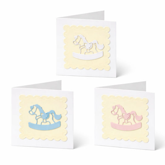 Three greeting cards with rocking horse designs on a white background