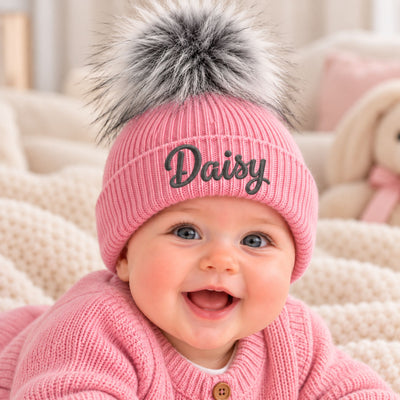 Personalised Pink & Grey Pom Pom Baby Hat (6–12 Months)