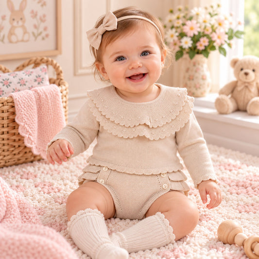 A smiling baby girl wearing a beige-colored knit outfit with a large ruffled collar, matching booties, and a bow headband, sitting on a pink and white textured rug in a cozy nursery setting.