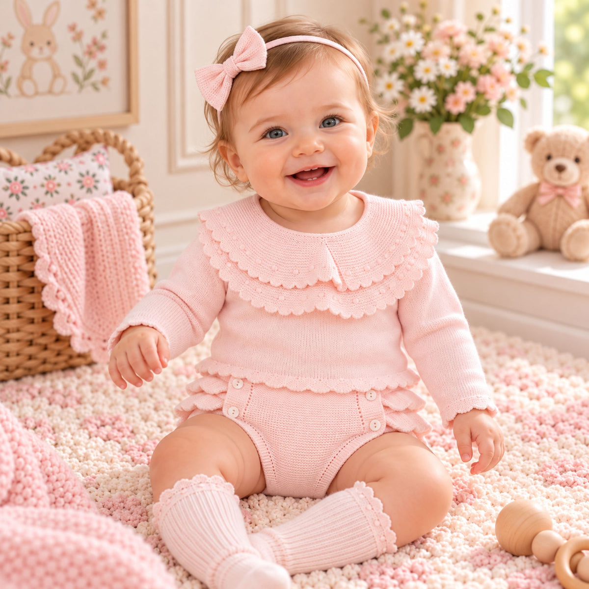 A smiling baby girl wearing a light pink knit one-piece outfit with a large ruffled collar, matching pink booties, and a pink bow headband, sitting on a pink and white beaded rug in a cozy nursery setting.