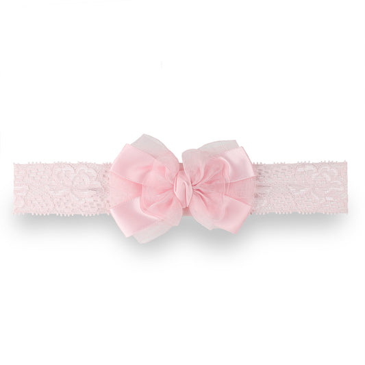 Baby Girls Lace Headband with Satin Bow  - Pink
