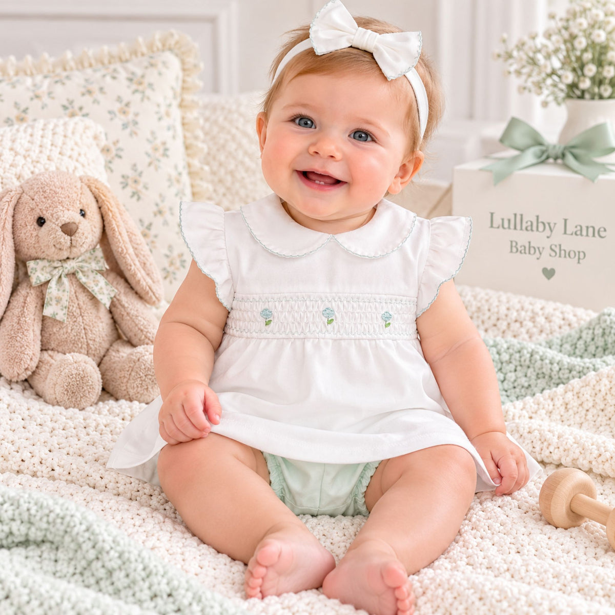 A smiling baby girl wearing a white smocked dress with ruffle sleeves, a white bow headband, and a mint green diaper, sitting on a cream knit blanket next to a plush bunny toy and a gift box labeled 'Lullaby Lane Baby Shop'.
