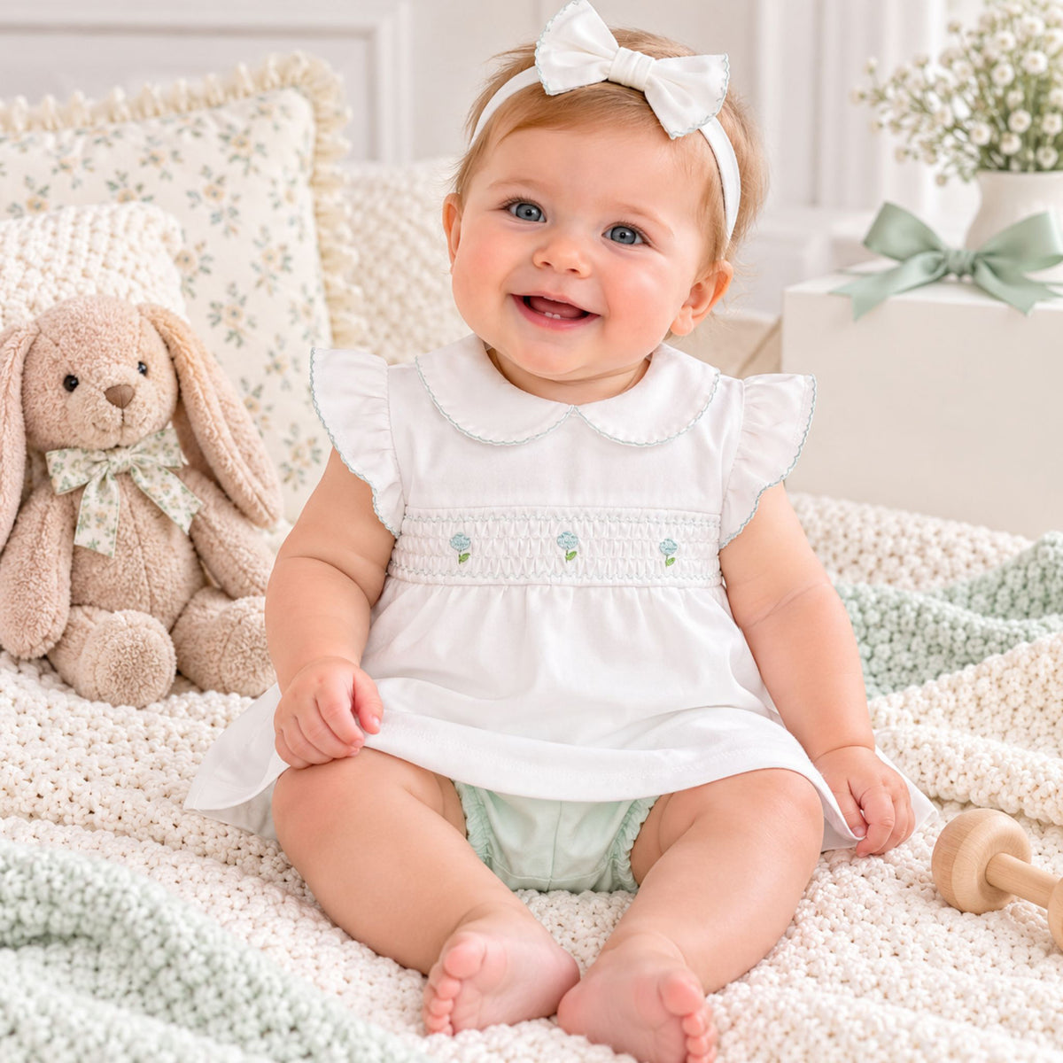 A smiling baby girl wearing a white smocked dress with ruffle sleeves, a white bow headband, and a pale green diaper, sitting on a cream knit blanket next to a plush bunny toy.