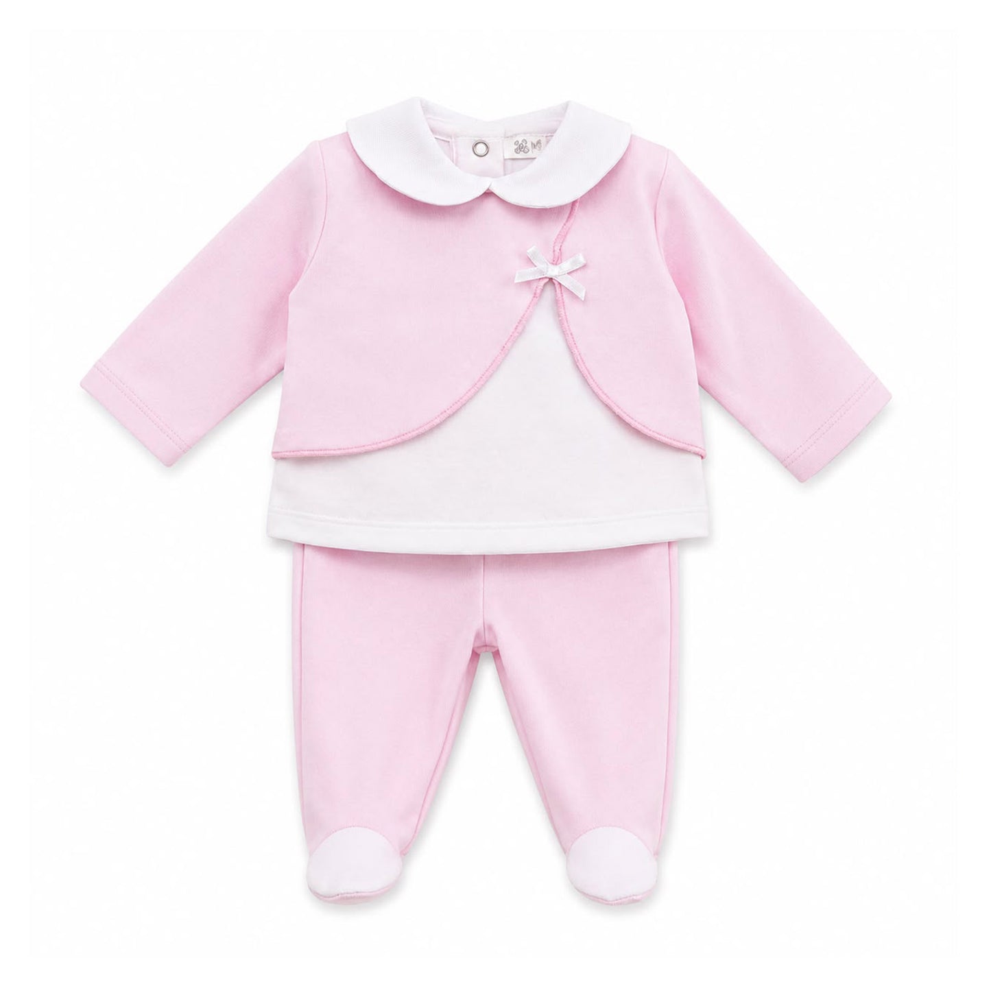 Kleo Kids baby girls pink velour two piece outfit with white collar and footed trousers