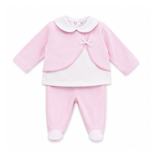 Kleo Kids baby girls pink velour two piece outfit with white collar and footed trousers