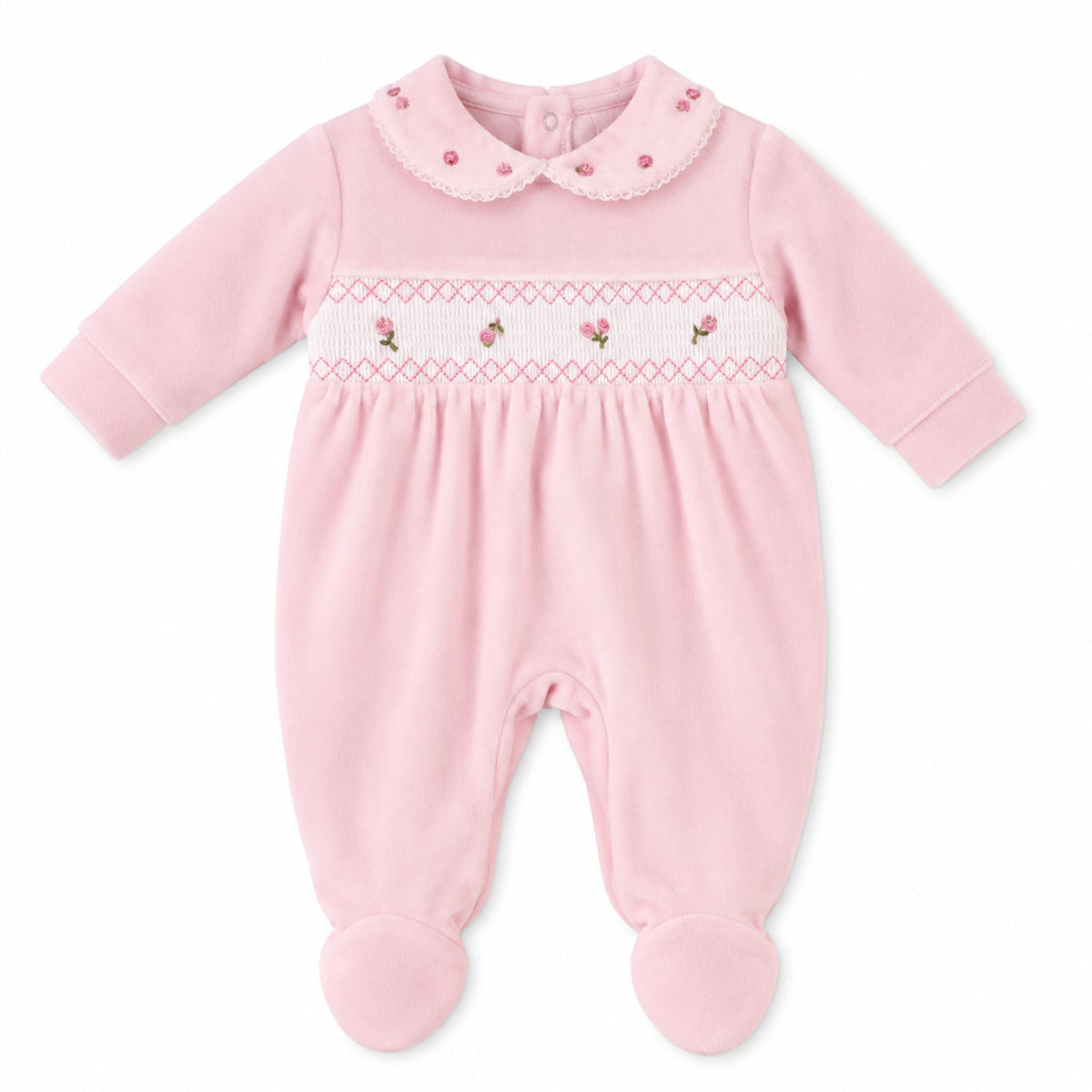 Baby Girls Pink Velour Smocked Rose Sleepsuit – Little Nosh