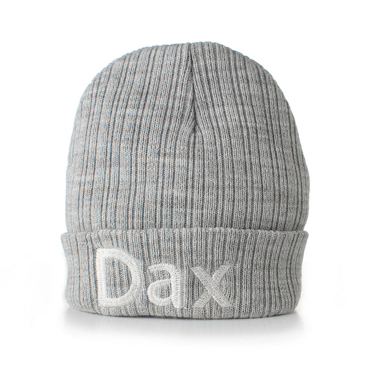 Personalised grey baby beanie hat with embroidered baby name, available in newborn and 0-6 months with choice of font and thread colour.