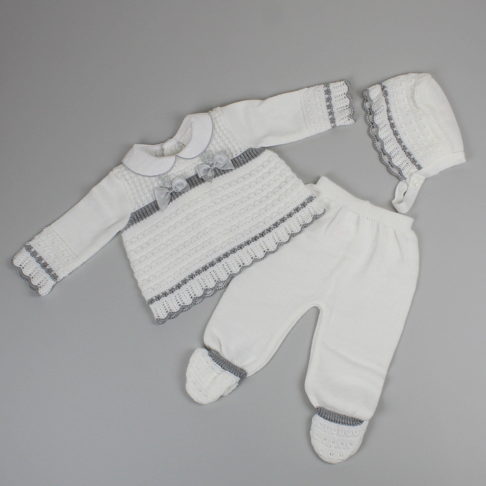 baby girls grey knitted three piece outfit