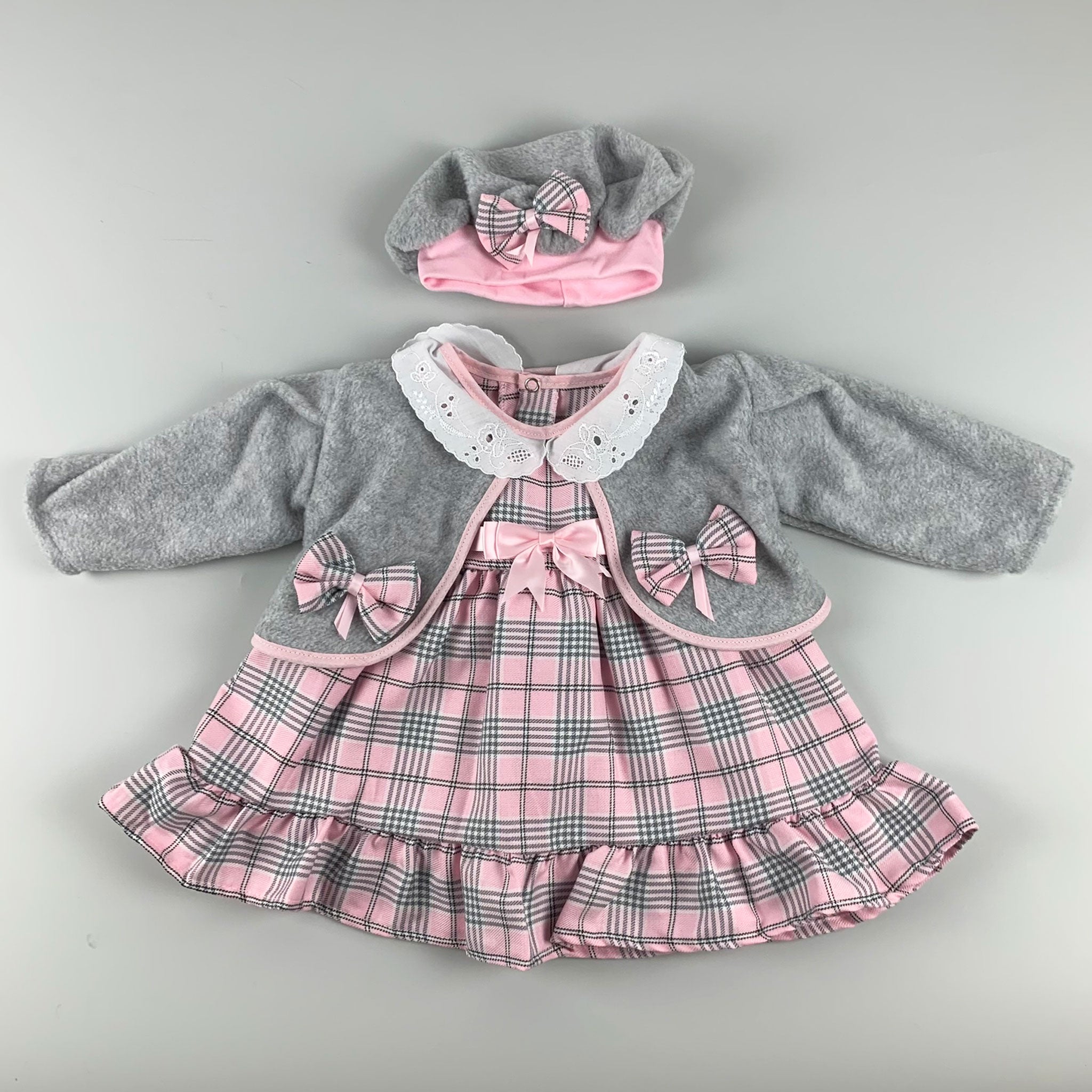 three piece grey and pink tartan outfit