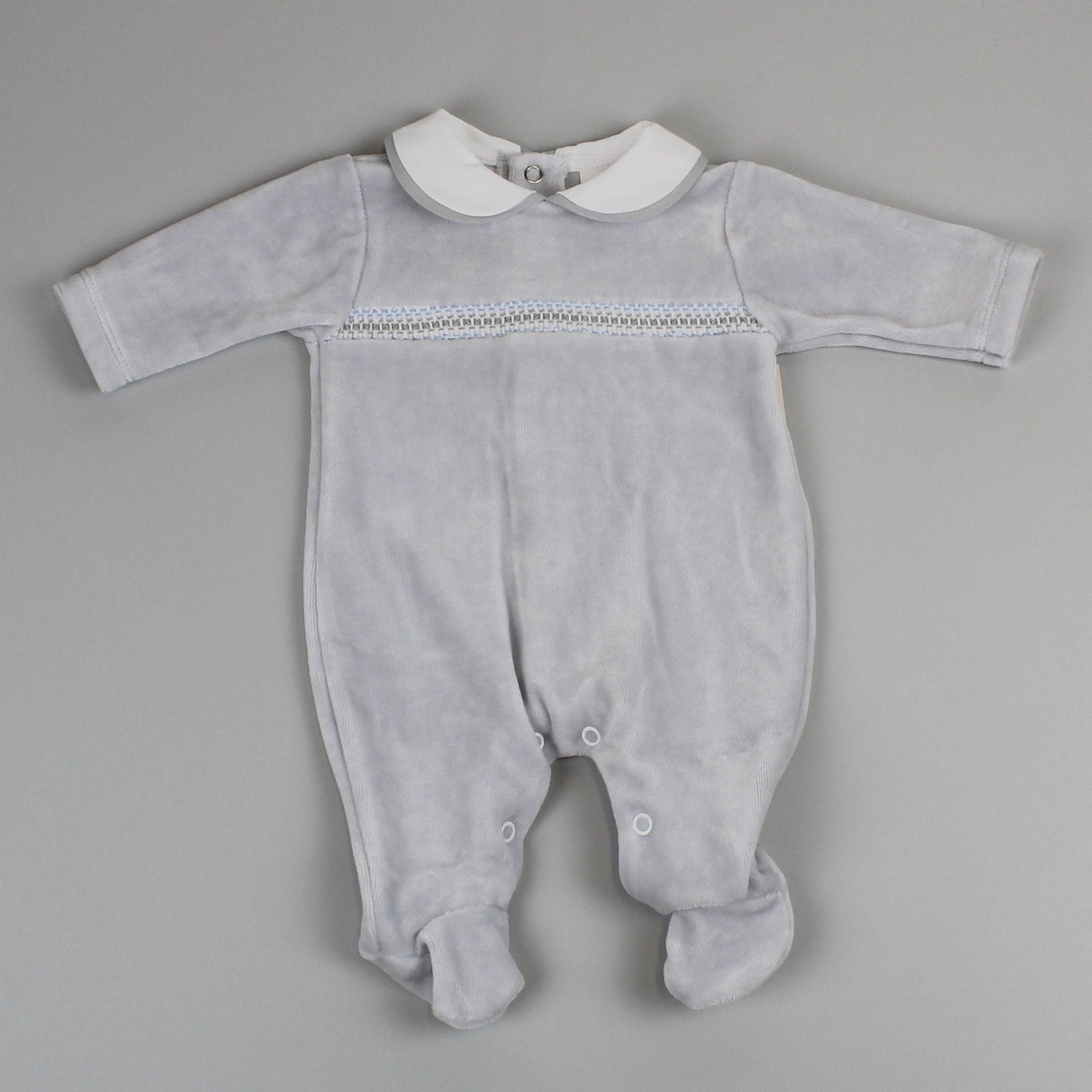 Baby Boys Velour Smocked Sleepsuit - Grey