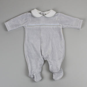 Baby Boys Velour Smocked Sleepsuit - Grey