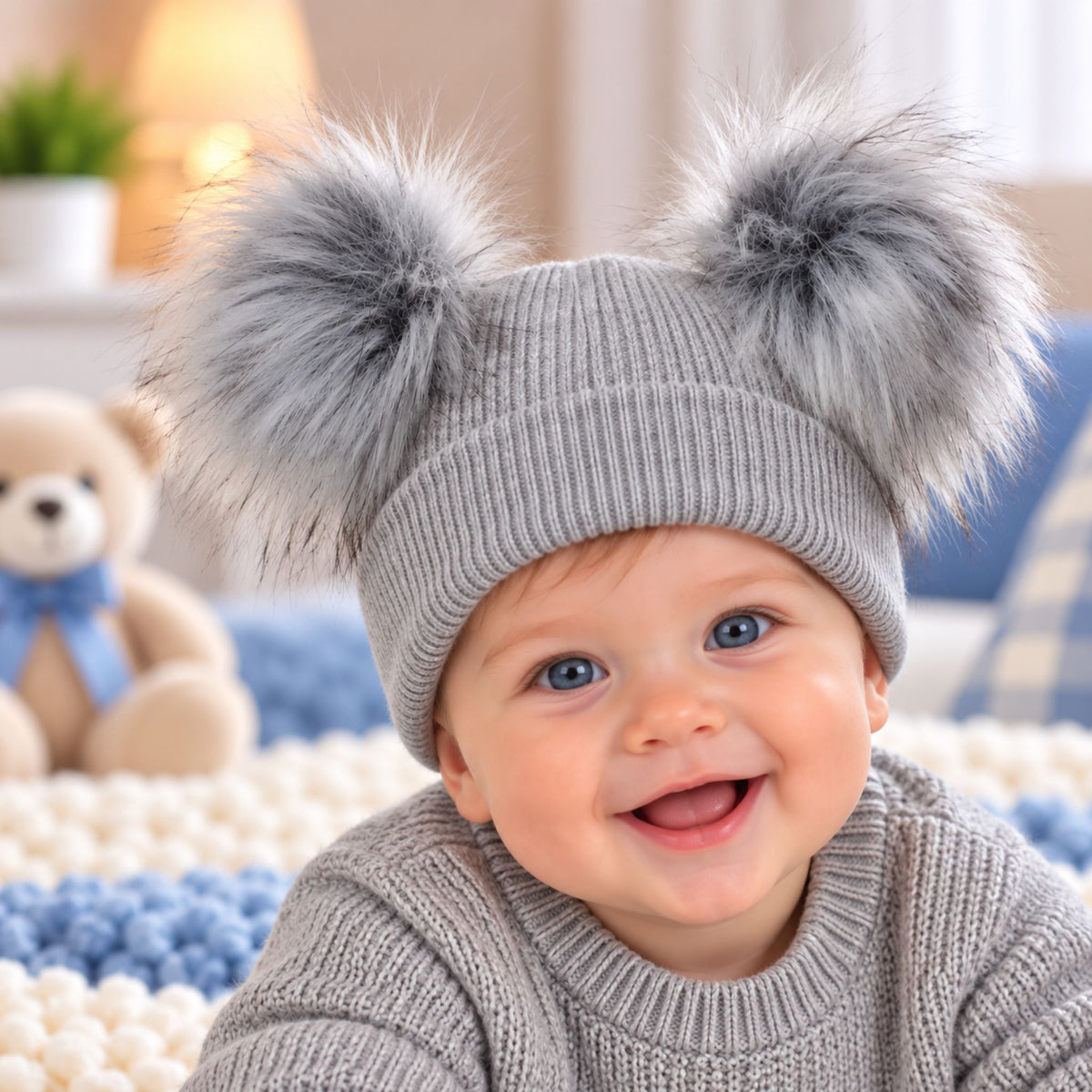 doube pom hat for 6-12m baby grey