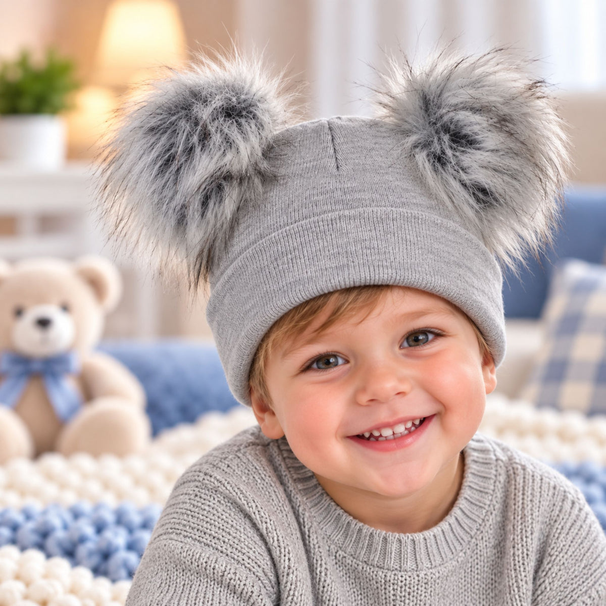 Kids Knitted Double Pom Pom Hat | Faux Fur Pom Hat (1–6 Years)