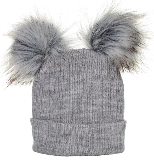 double pom fur bobble hat grey