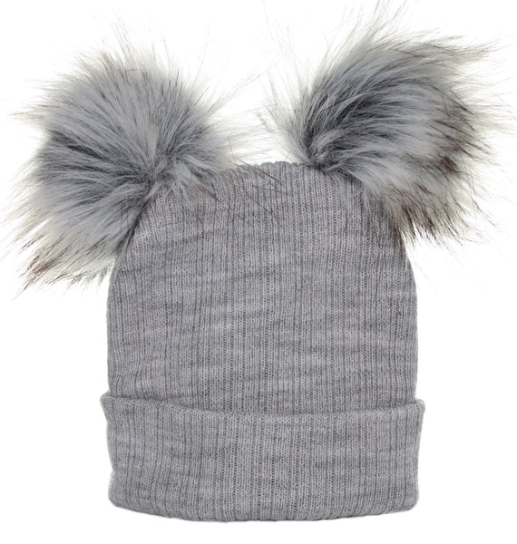 double pom fur bobble hat grey