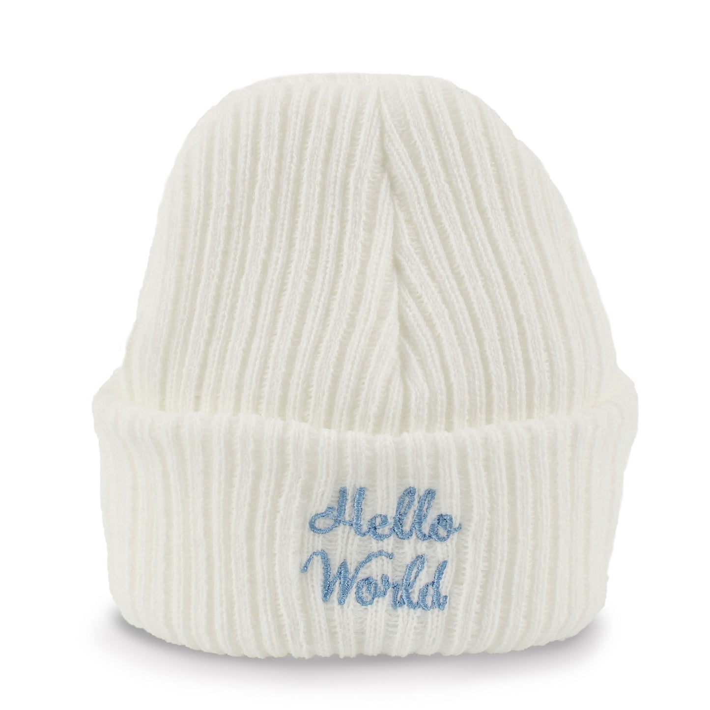 White knit baby beanie with 'Hello World' embroidery on a white background