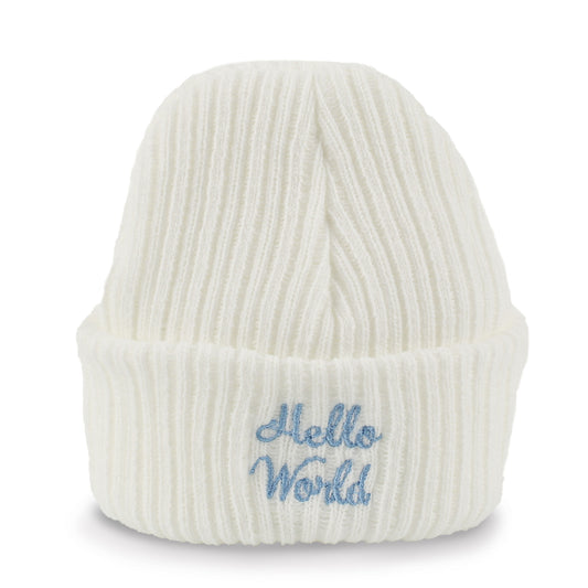 White knit baby beanie with 'Hello World' embroidery on a white background