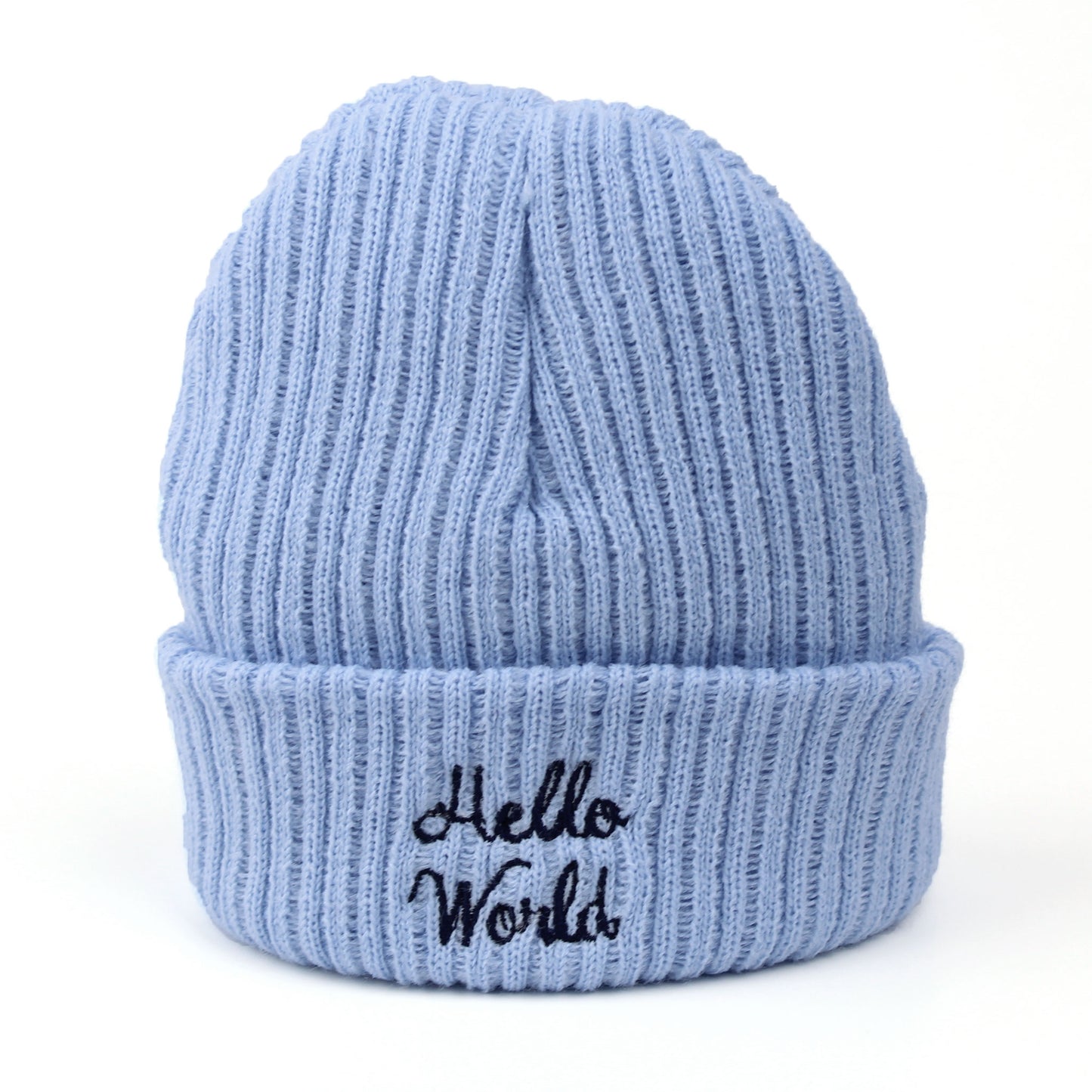 Light blue beanie with 'Hello World' embroidery on a white background