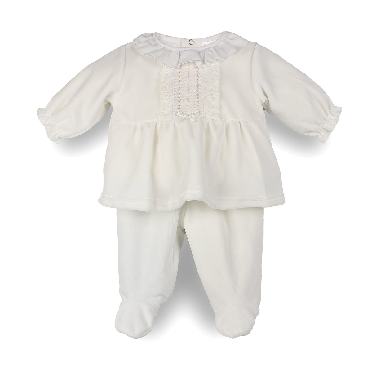 Pex cream velour baby two piece outfit with frill collar and footed trousers