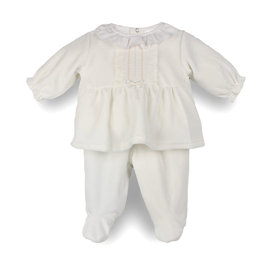 Pex cream velour baby two piece outfit with frill collar and footed trousers