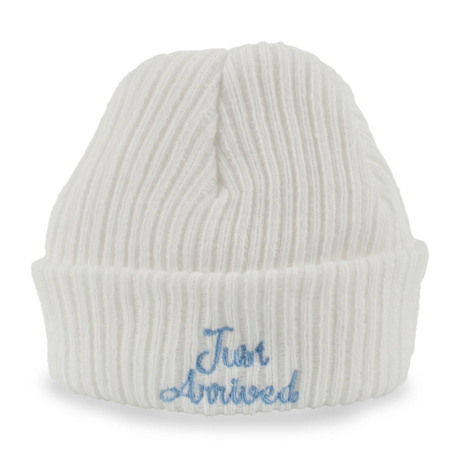 White knit baby beanie with 'Just Arrived' embroidery on a white background
