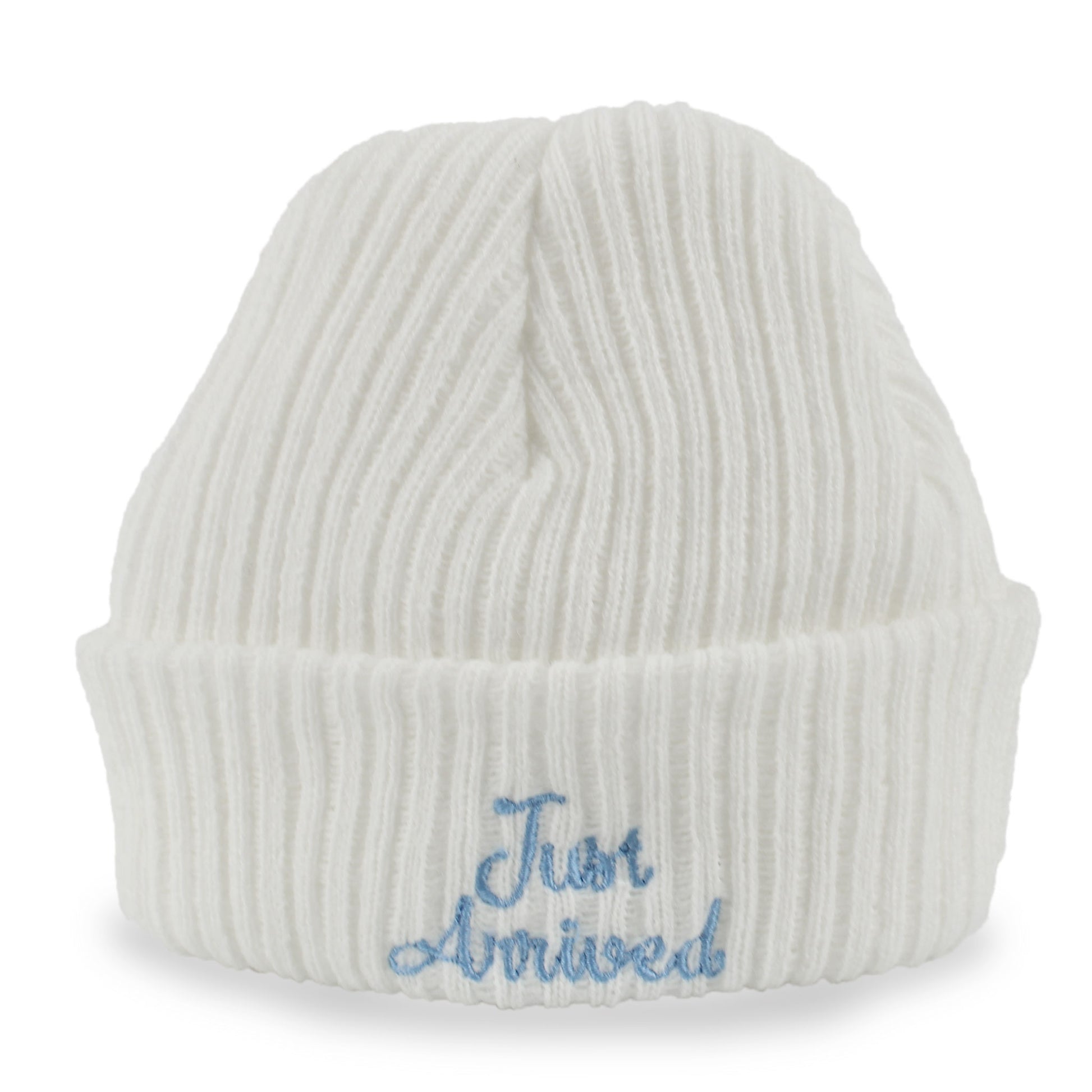 White knit baby beanie with 'Just Arrived' embroidery on a white background