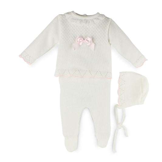 Baby outfit with white 2 piece set and matching hat on a white background 