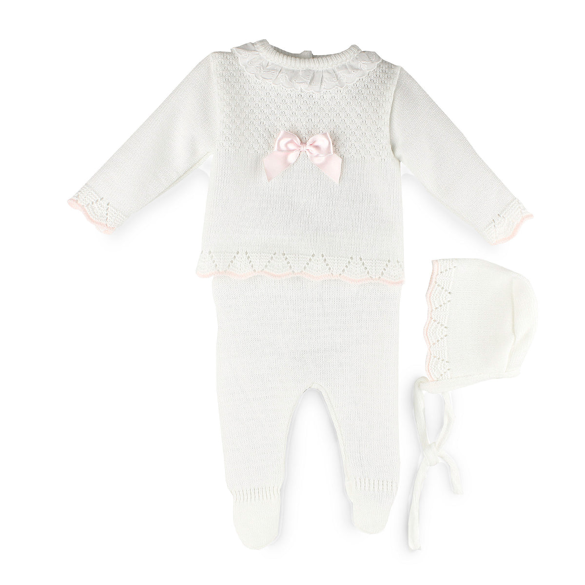 A baby knit three-piece outfit set featuring a long-sleeve footed romper in off-white with a pink bow accent, a matching off-white bonnet, and a matching off-white knit cap, displayed on a clean white background.