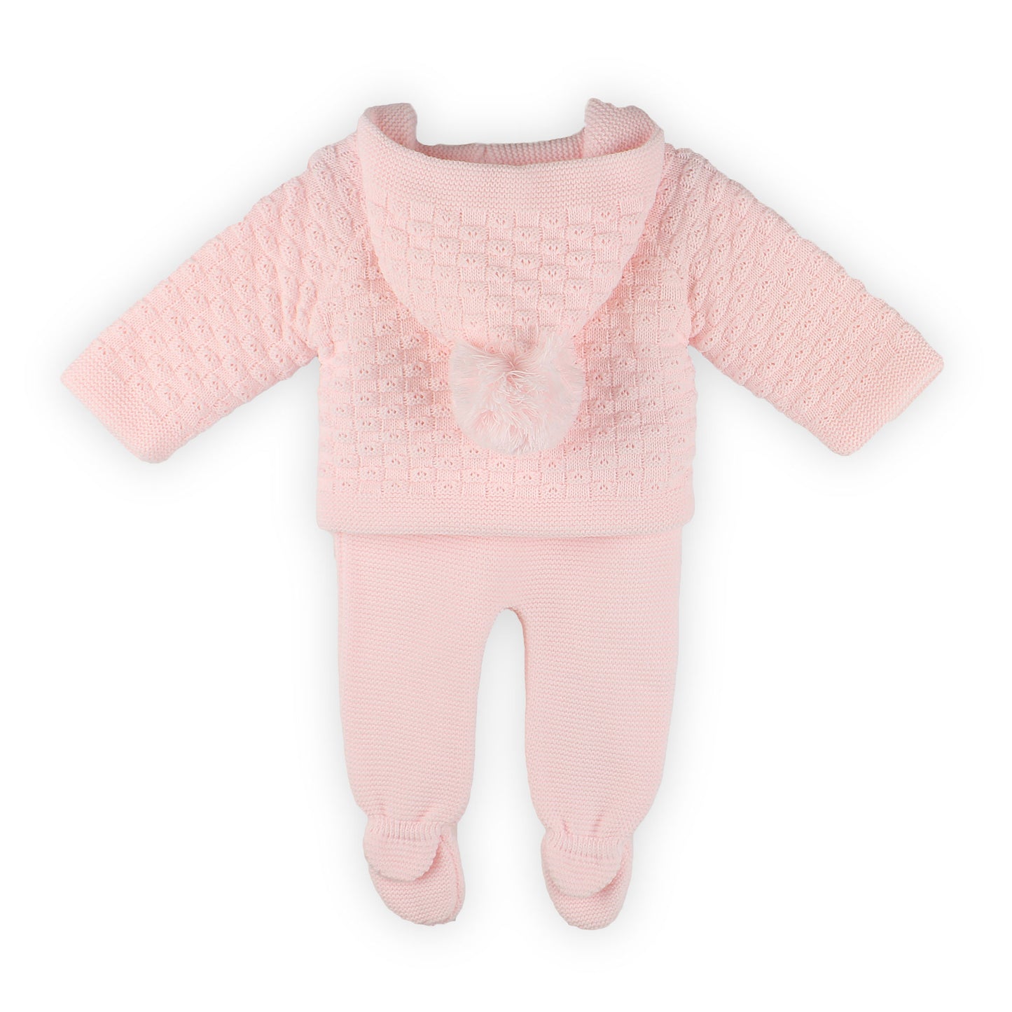 Pink Knitted Baby Pramsuit with Pom Pom Hood