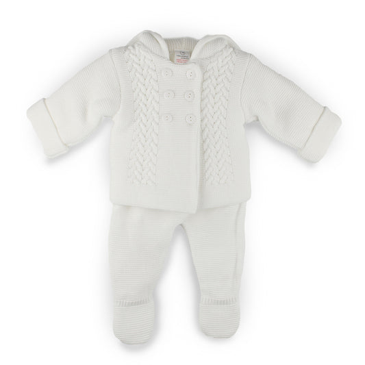 knitted 2 piece baby outfit in white