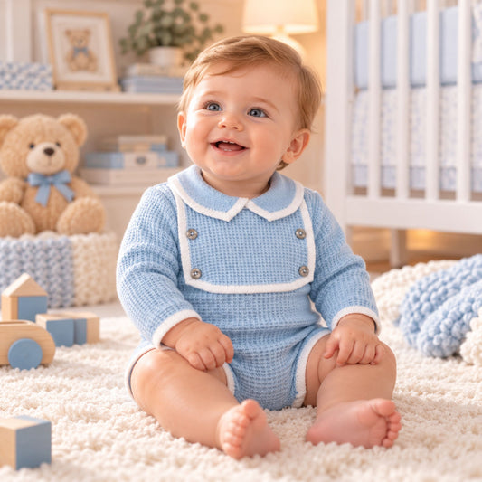 Baby Boys Blue Knitted Romper with Bib Detail