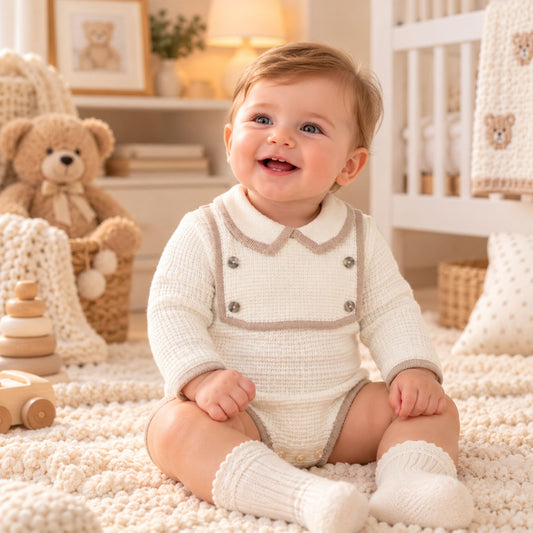Baby Boys Cream Knitted Romper with Bib Detail
