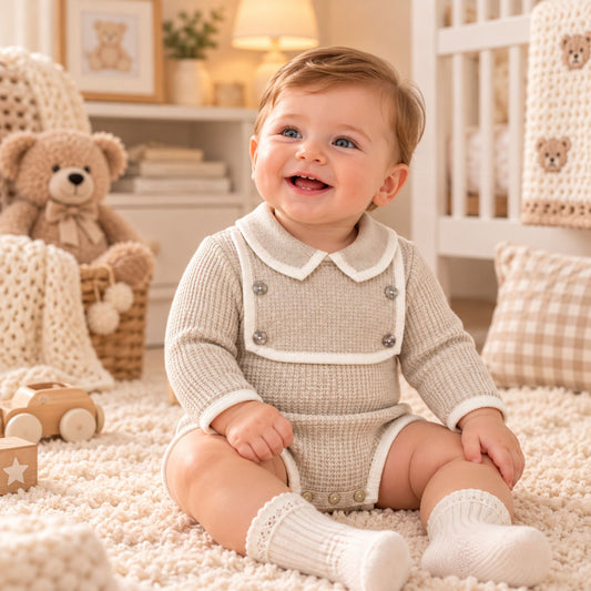 Baby Boys Beige Knitted Romper with Bib Detail