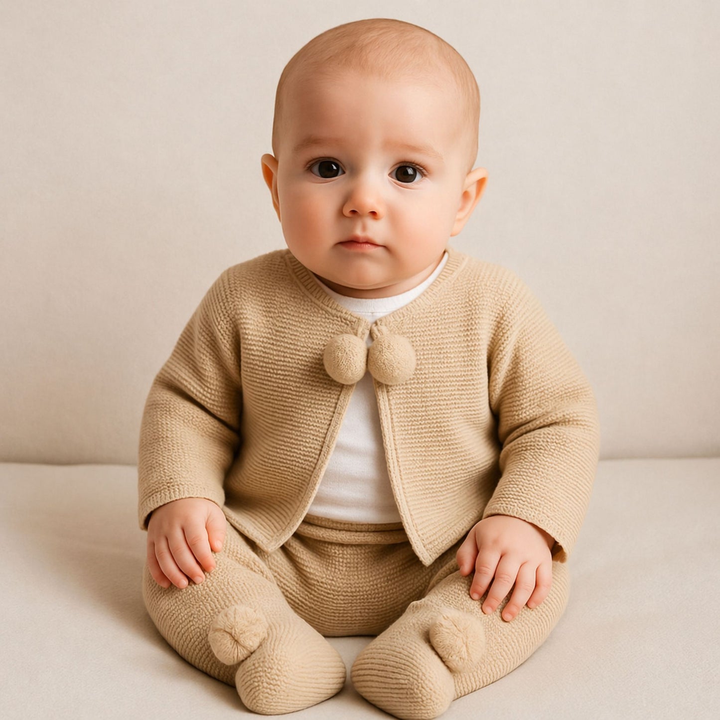 Baby Boys Beige Knitted Jacket & Footed Bottoms Set with Pom Poms