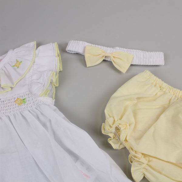 Baby Girls Floral Dress Set with Knickers and Headband - White/Lemon