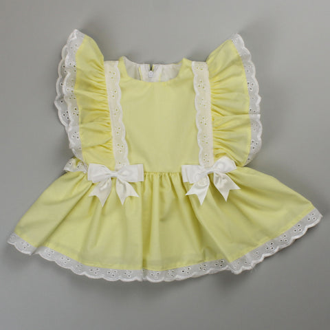 Baby Girl Summer Dress with Lace Trimming - Lemon